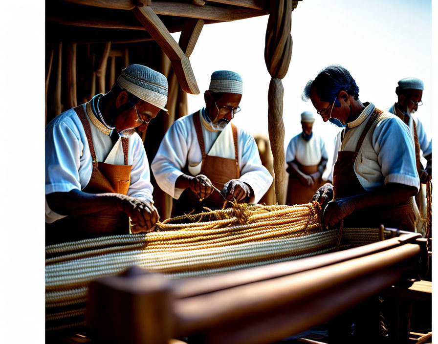 Three men weaving golden-hued threads on a large loom in a traditional workshop.