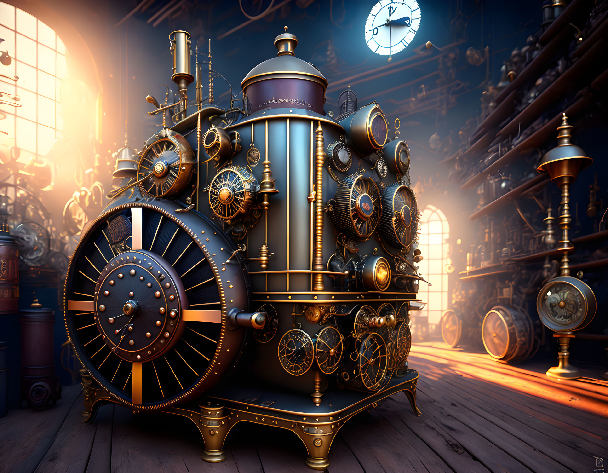 Steampunk machine with gears and pipes in a warm wooden room