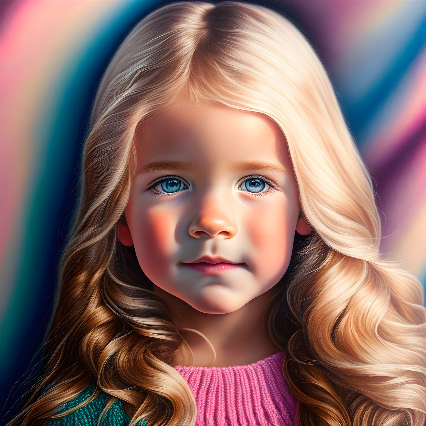 Young girl digital portrait with wavy blonde hair and blue eyes on colorful striped backdrop