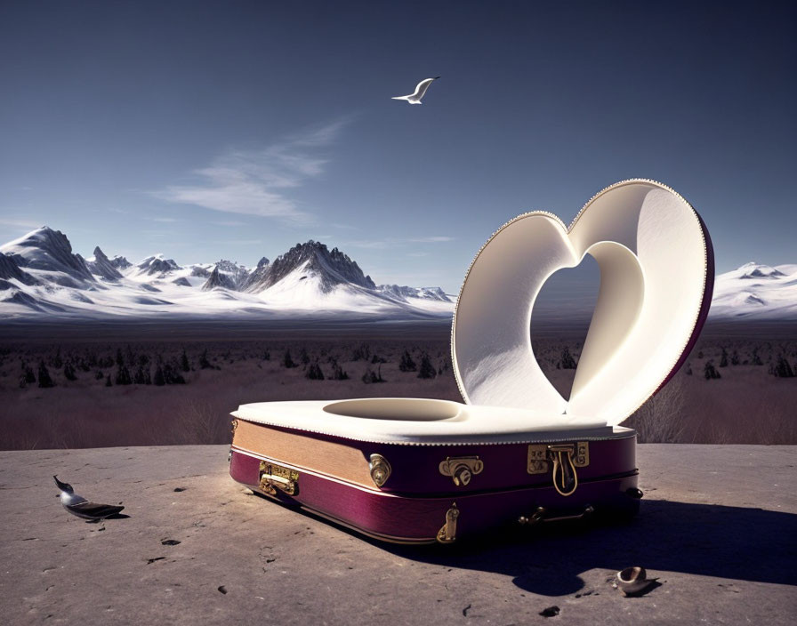 Heart-shaped book in suitcase with snowy mountain backdrop and birds.