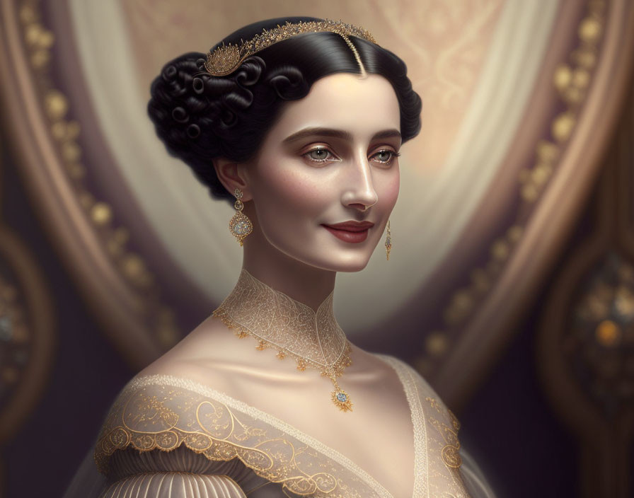 Elegant woman with vintage hairstyle and gold hairpiece in digital portrait