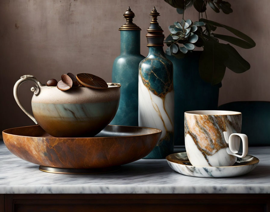 Marble-patterned kitchenware with blue bottles and green foliage