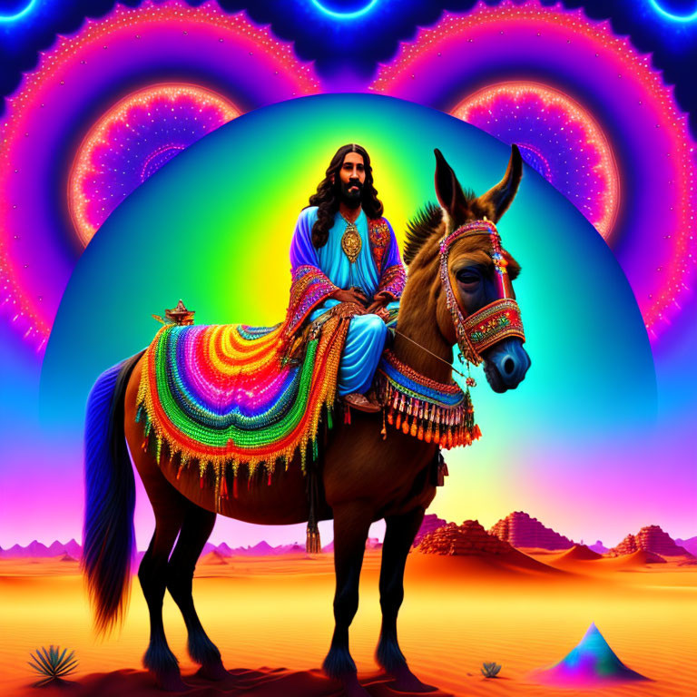 Colorful Digital Art: Man with Beard Riding Donkey in Neon Desert & Fractal Sky