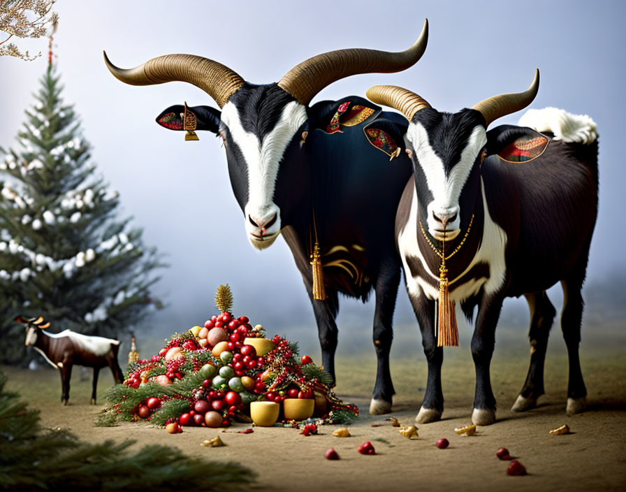 Ornate Decorated Goats with Christmas Arrangement