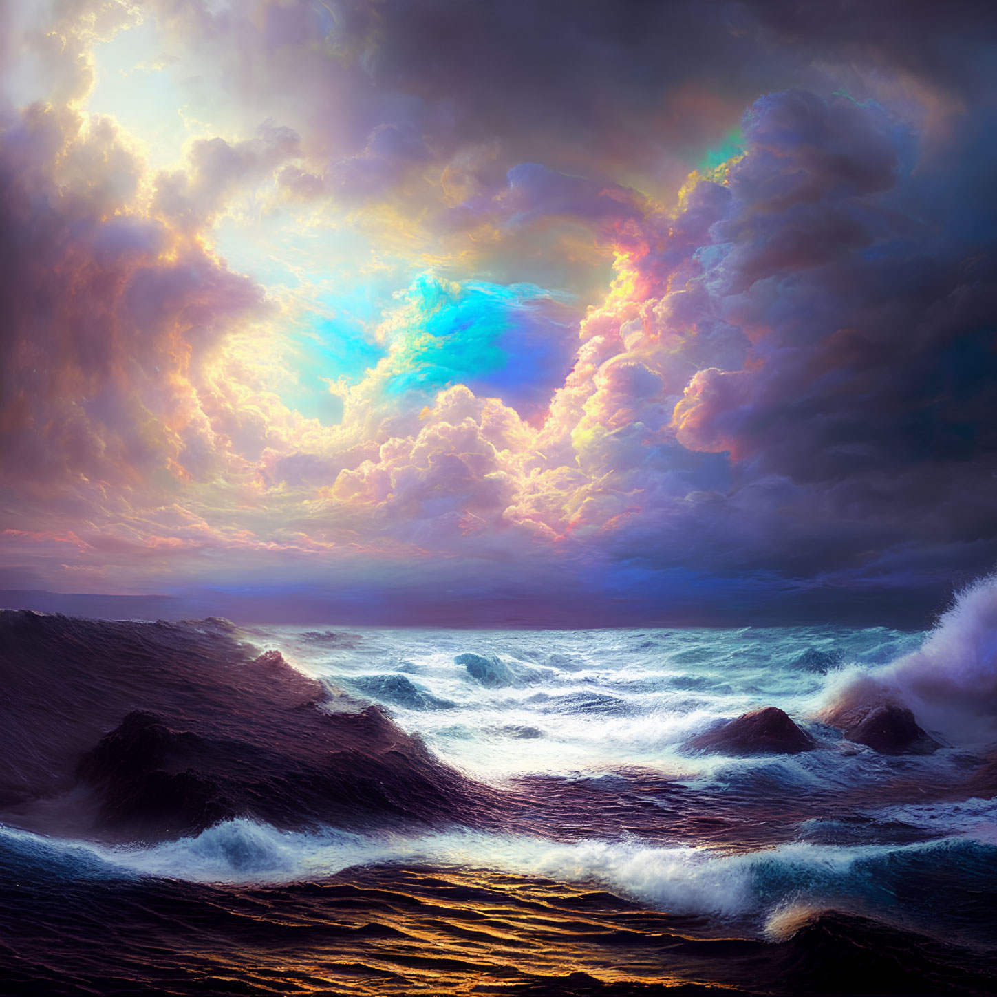 Dramatic seascape with tumultuous waves and glowing sky