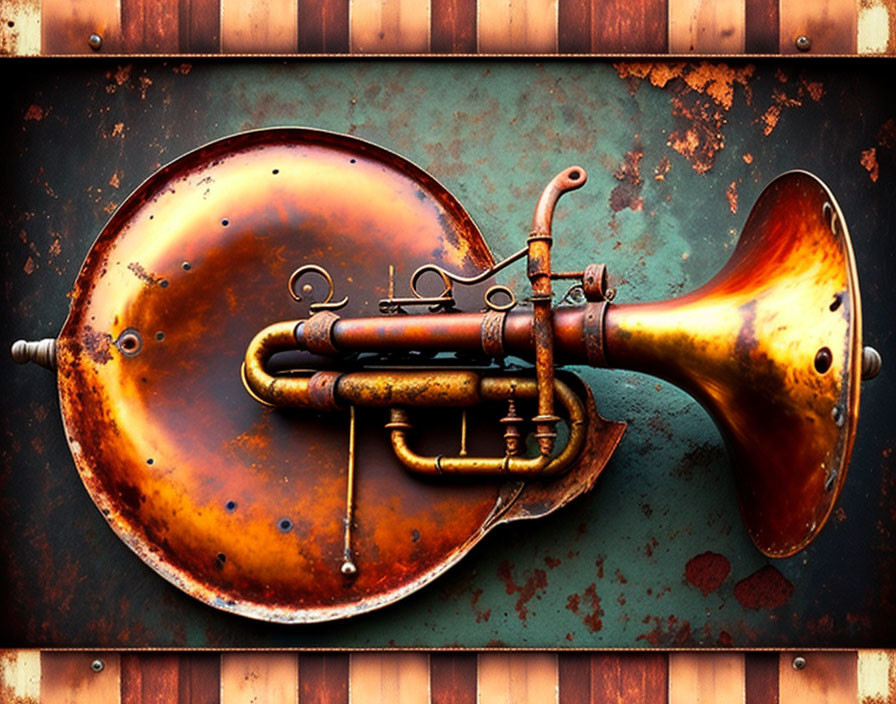 Rusty vintage trumpet in weathered metal wall with patina finish