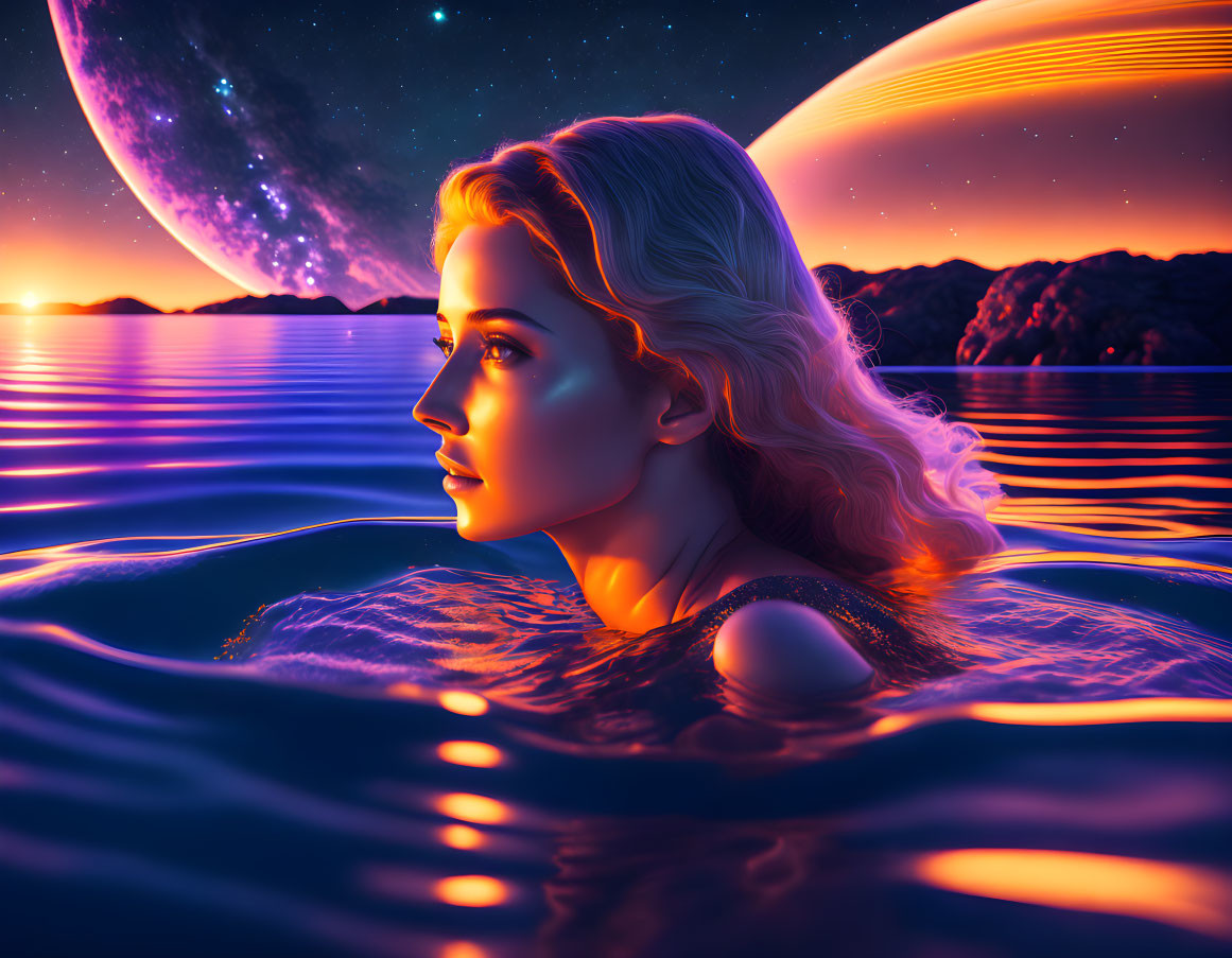 Woman with wavy hair in water under surreal sunset with planet and rings.