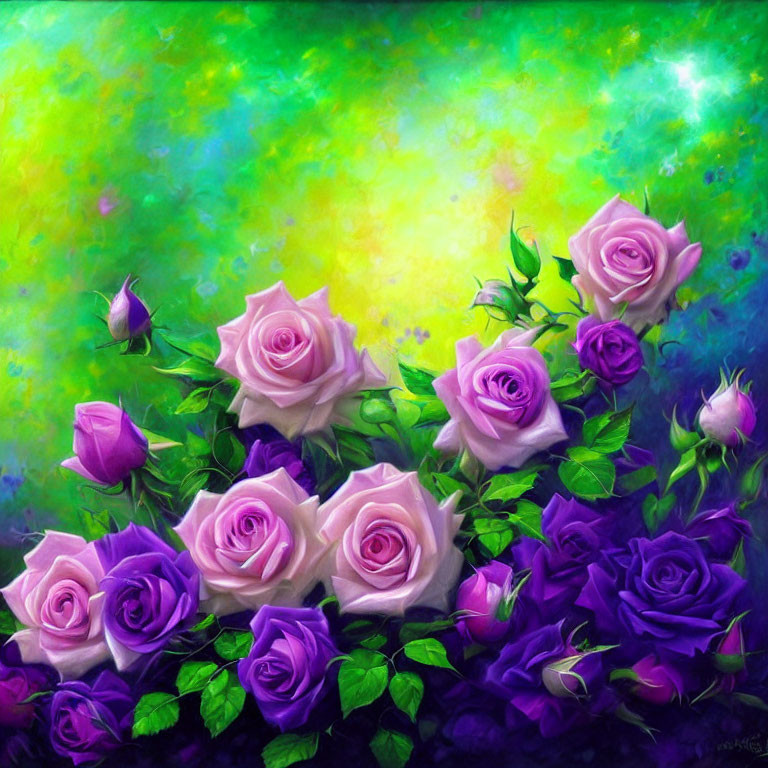 Colorful painting of pink and purple roses on dreamy background