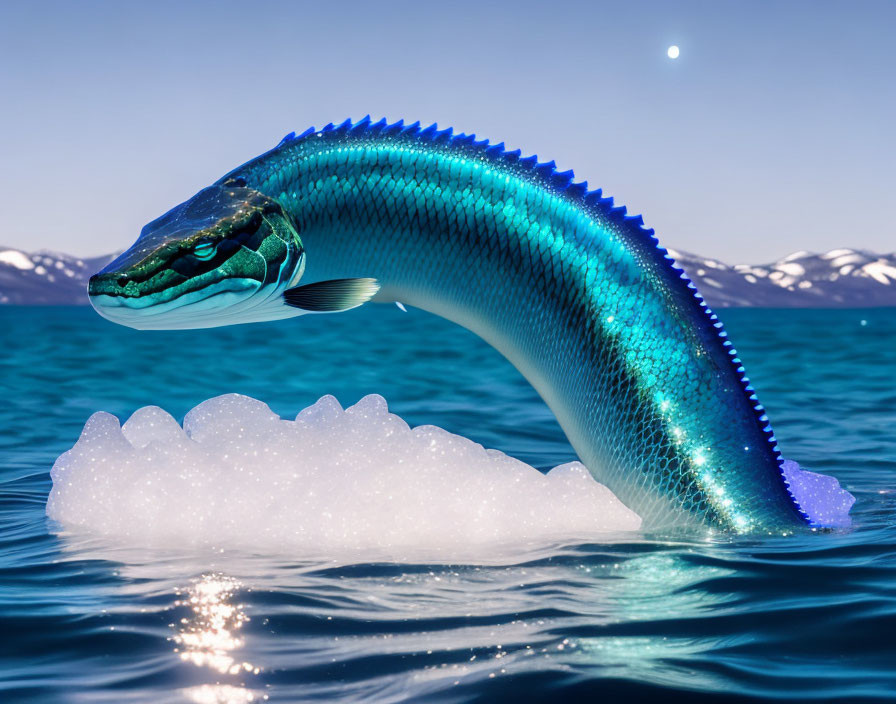 Blue serpent-like creature emerging from icy waters with snow-capped mountains and clear sky