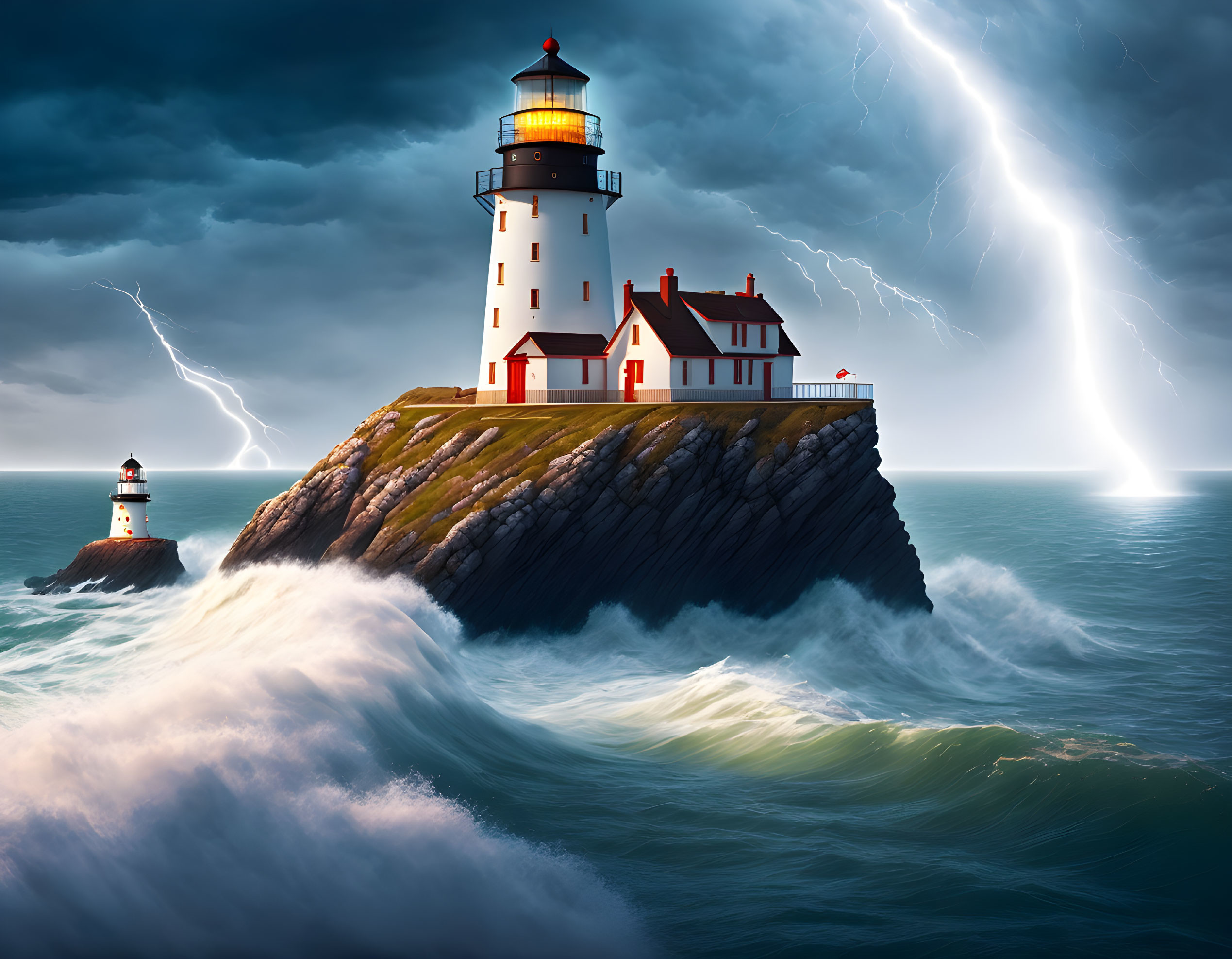 Stormy seascape: lighthouse on rocky island amid crashing waves and lightning