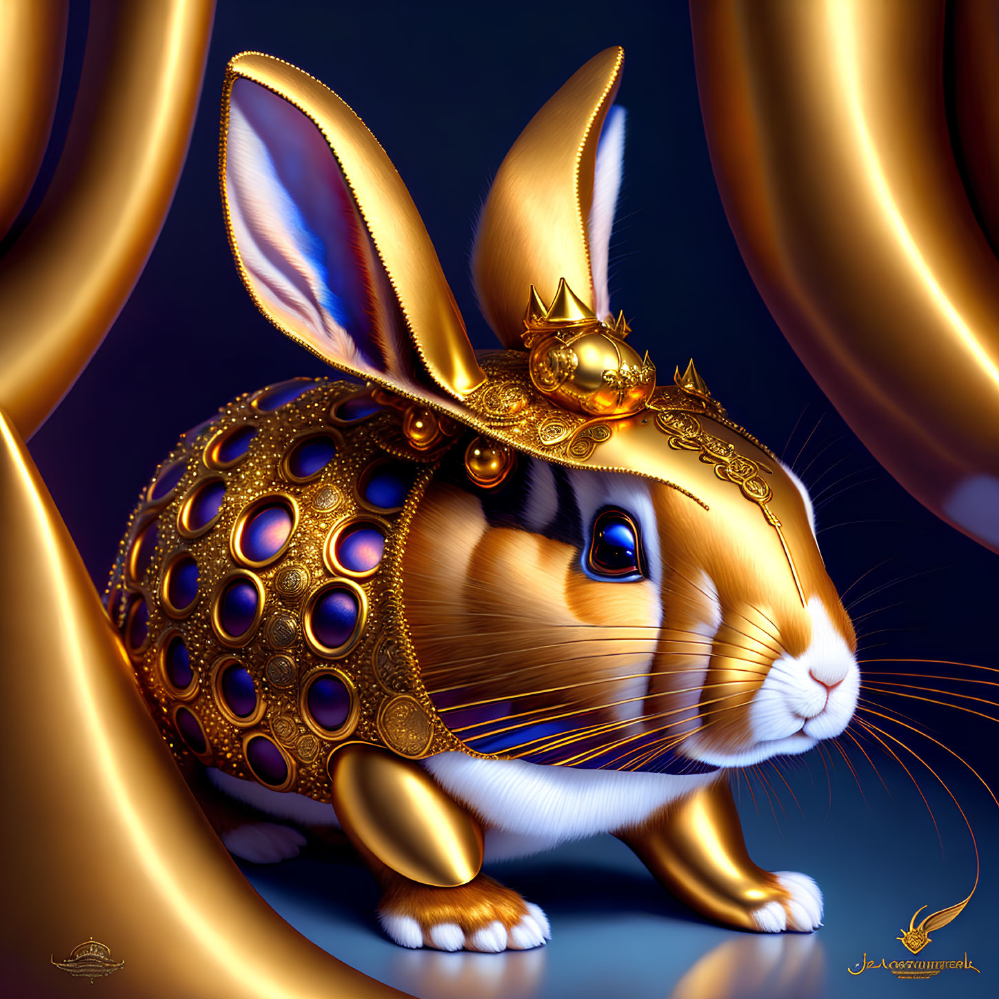 Golden rabbit with crown and armor on blue backdrop with golden swirls.