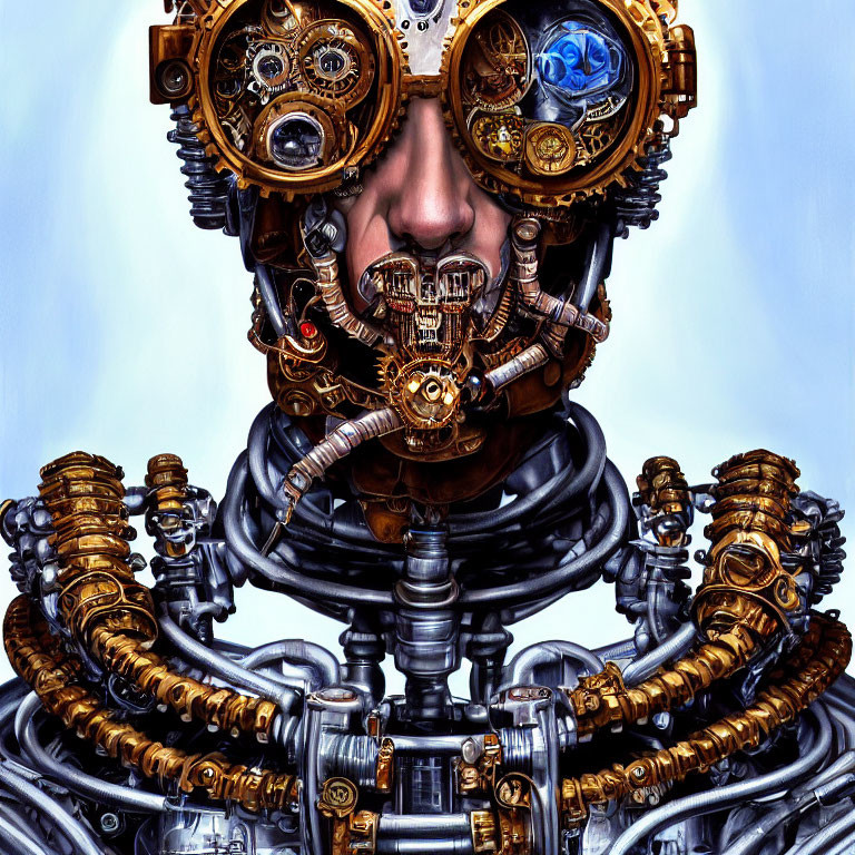 Detailed robotic figure with human-like face and golden gear eyes