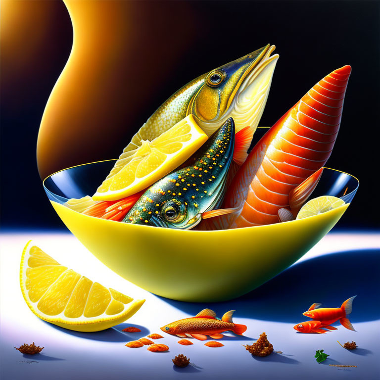 Colorful Illustration of Yellow Bowl with Photorealistic Fish and Lemon Slices