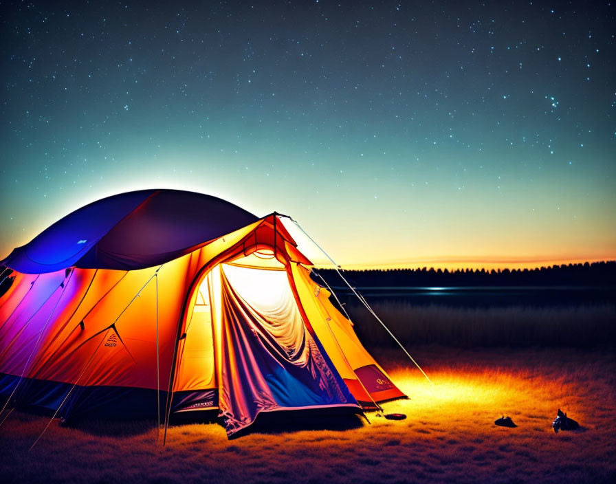 Starry sky illuminates tent at twilight