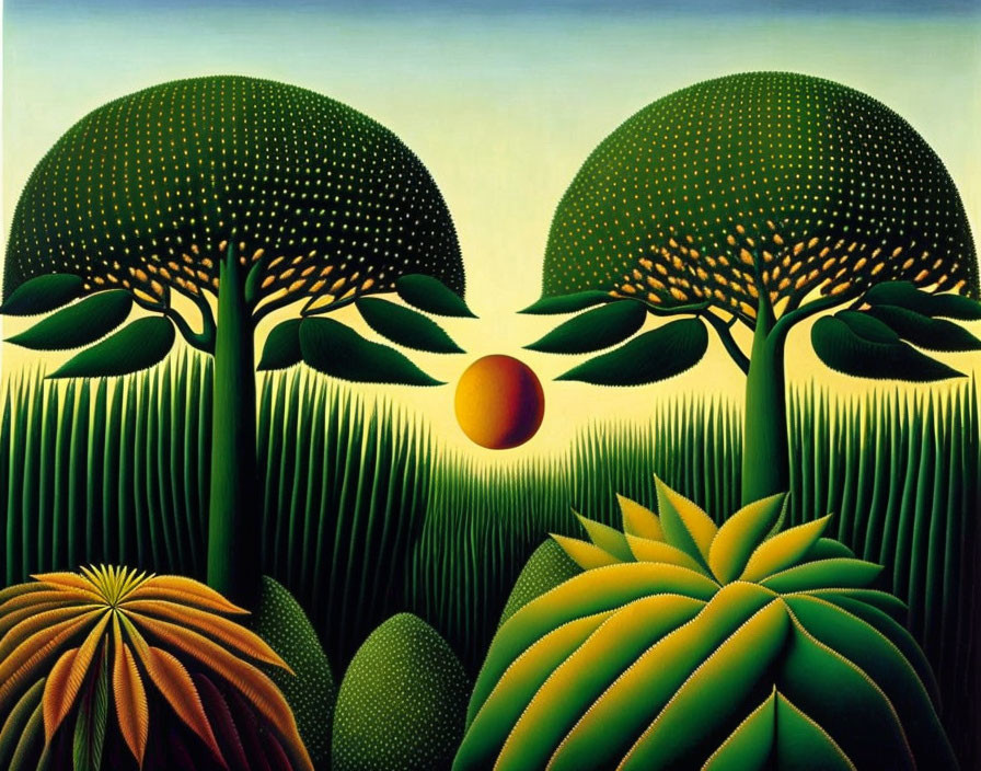 Stylized landscape painting: Dome-shaped trees, underbrush, sunlit field