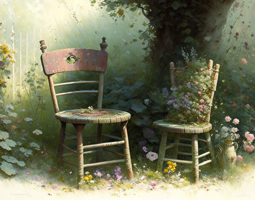 Vintage Chairs Surrounded by Blooming Flowers and Greenery