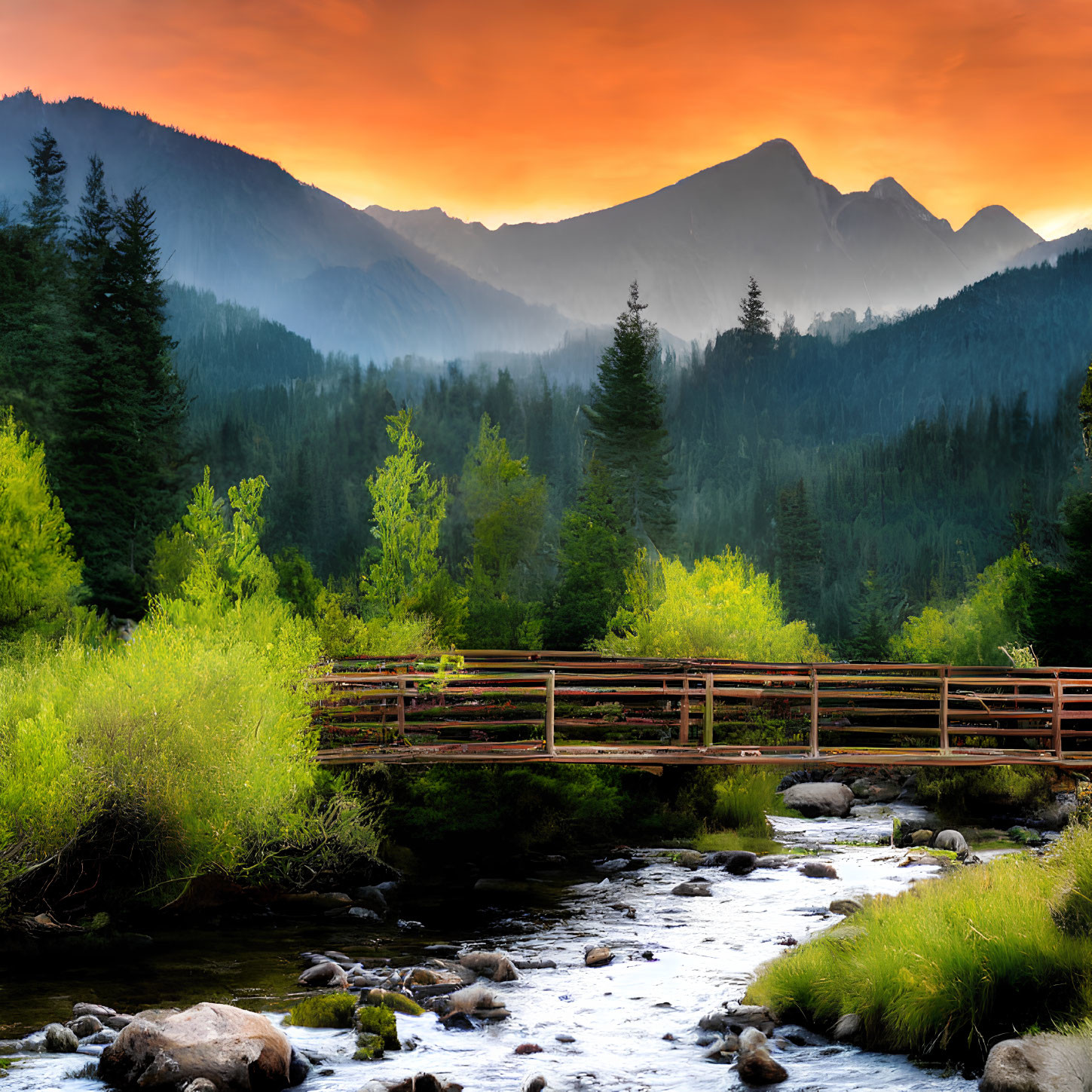 Scenic wooden bridge over stream with lush greenery and mountains at sunset