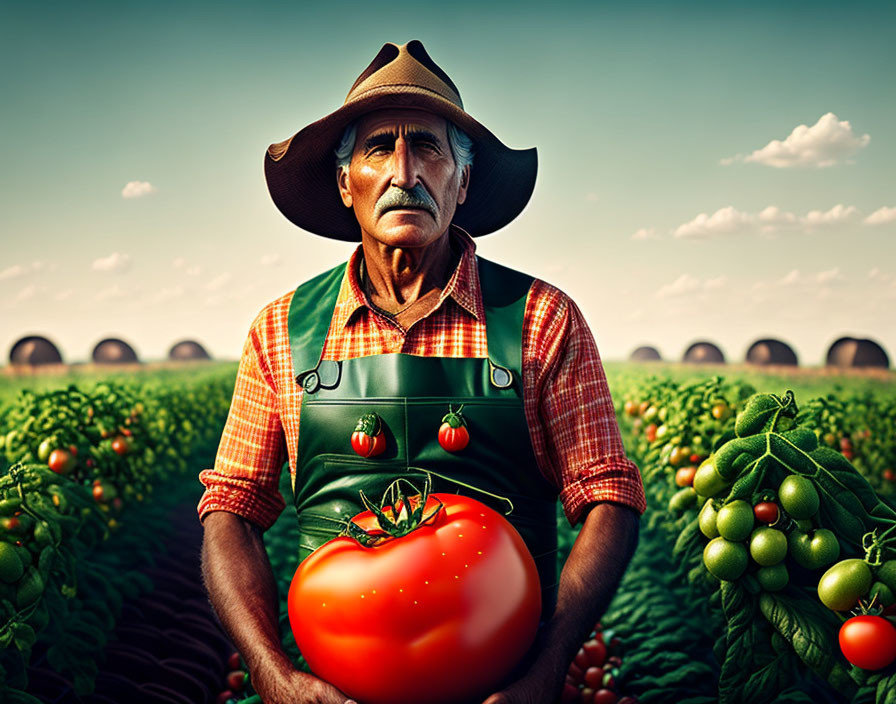 Mustached farmer in hat and overalls holding giant tomato in tomato field