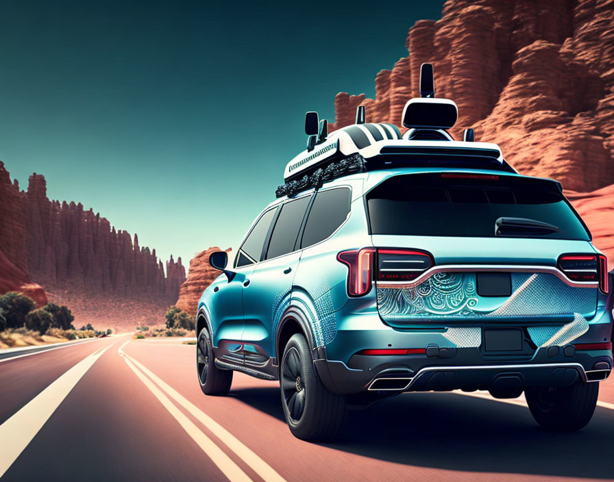 Blue SUV with advanced tech driving on desert road with red rock formations