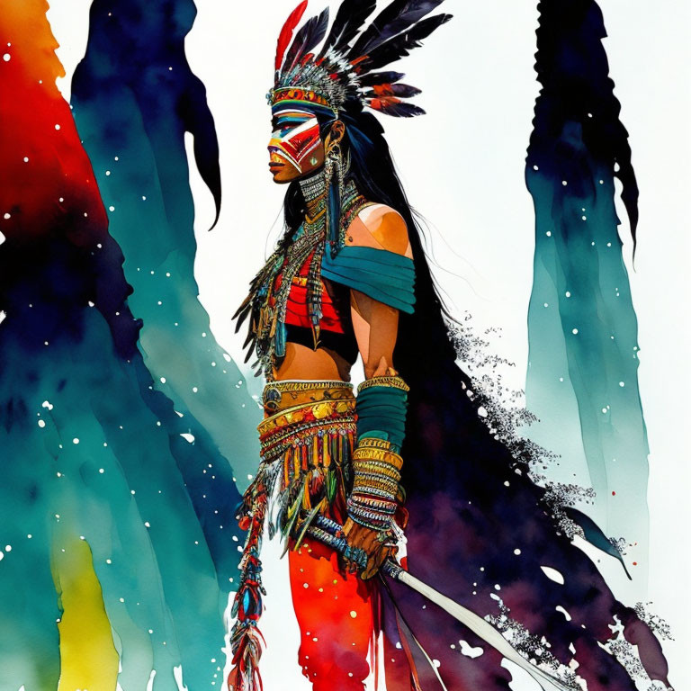 Colorful Watercolor Illustration of Person in Native American Attire