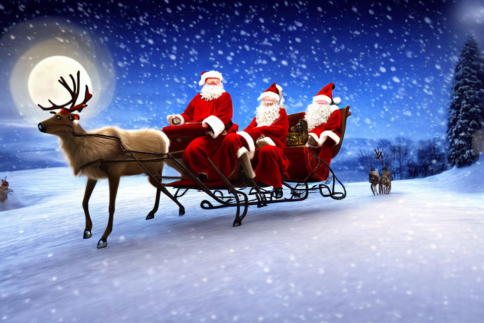 Three Santa Clauses on sleigh pulled by reindeer in snowy night