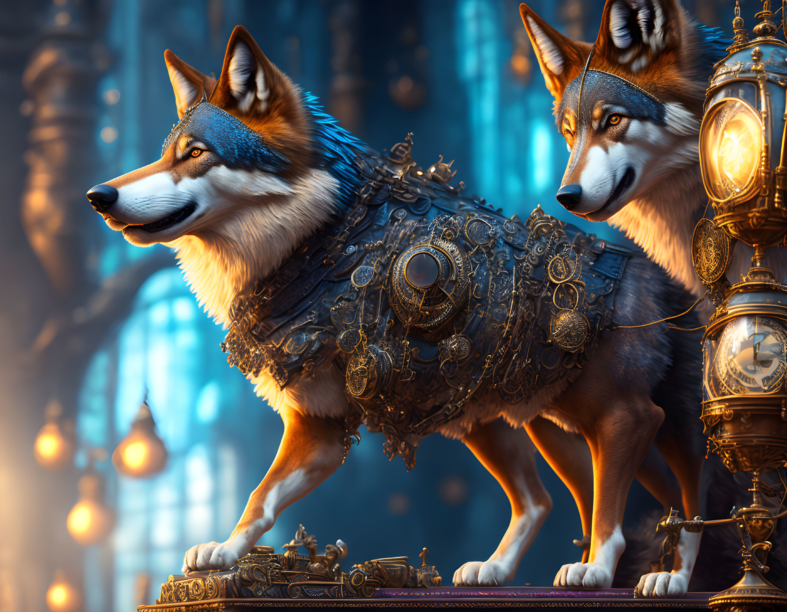 Steampunk-themed mechanical wolves in ornate setting