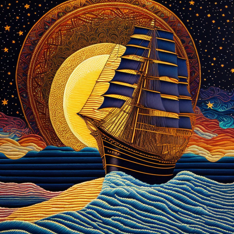 Artistic Ship Sailing on Patterned Blue Waves with Crescent Moon and Stars