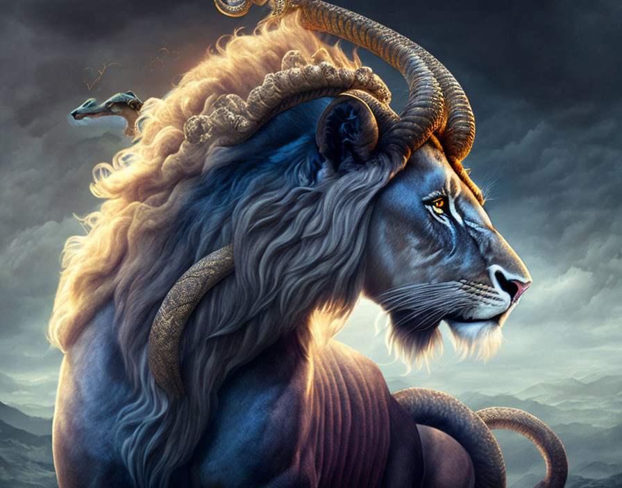 Mythical creature with lion head, ram horns, and serpent mane in stormy sky