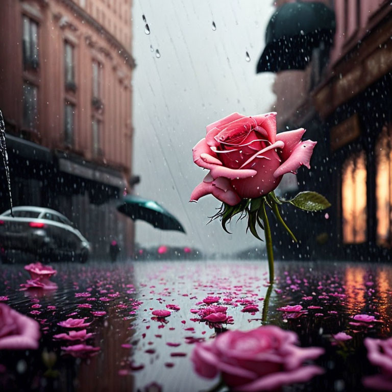 Vibrant pink rose in city street rain scene