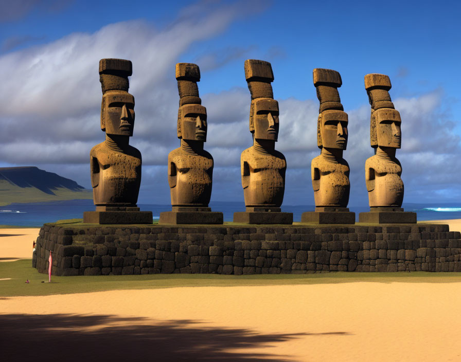 Five moai statues on a ceremonial platform under a cloudy sky with a grassy field