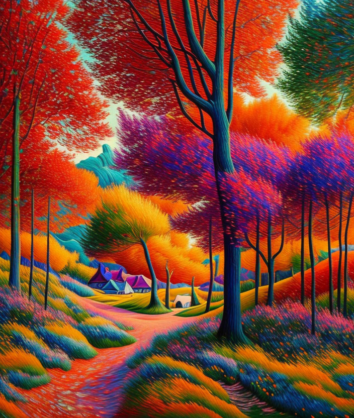 Colorful Autumn Forest Painting with Campsite and Winding Path