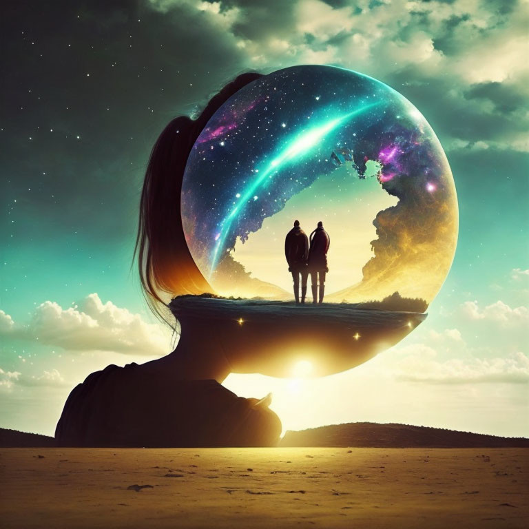 Woman observing surreal cosmic bubble with couple inside against dusk sky backdrop