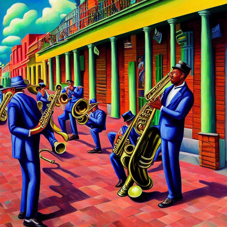 Colorful Jazz Band Painting on Vibrant Street with Saxophones