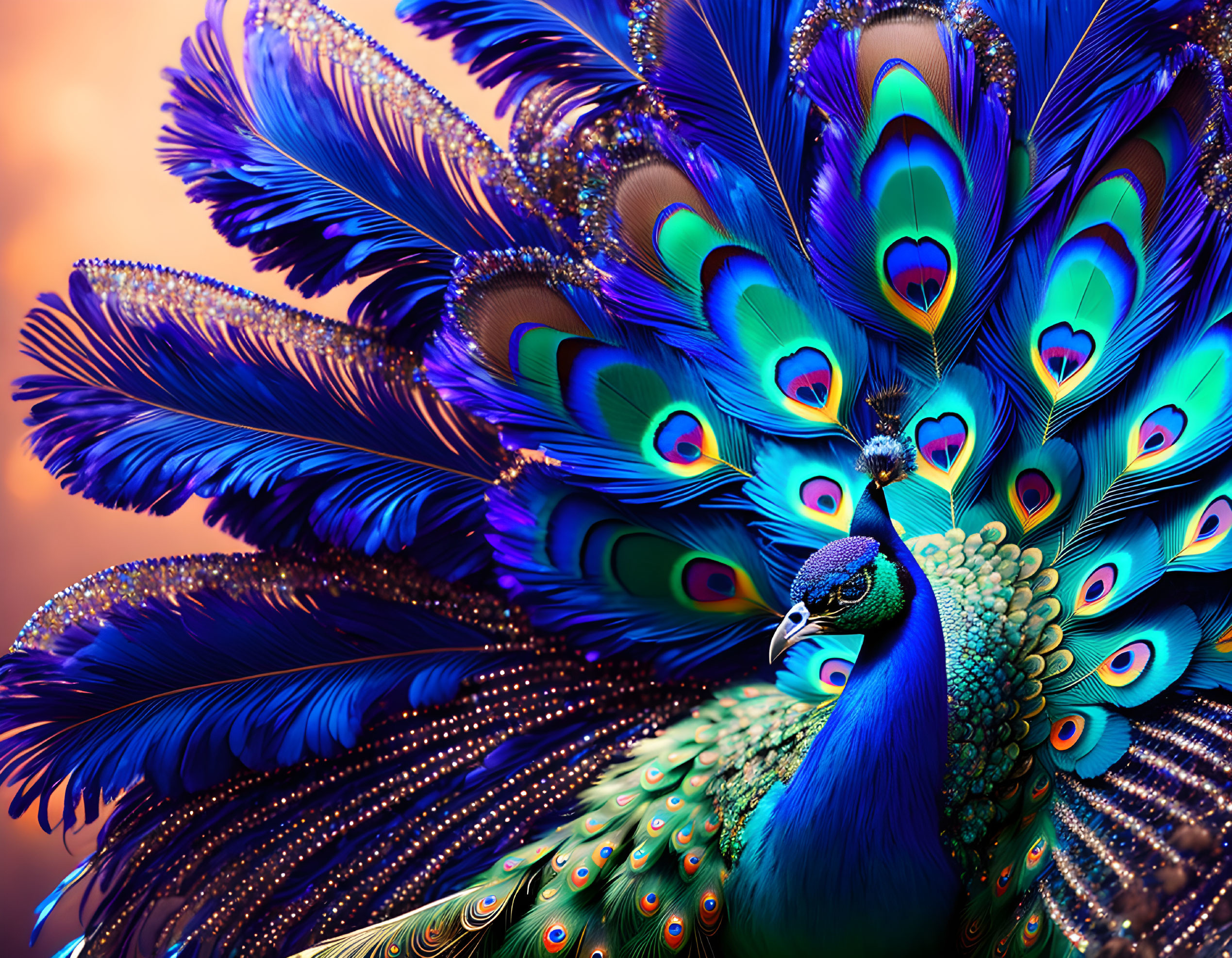 Colorful Peacock Showing Iridescent Plumage with Eye Patterns