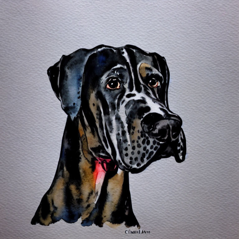 Great Dane Watercolor Painting: Black and Tan with Red Collar on Textured White Background