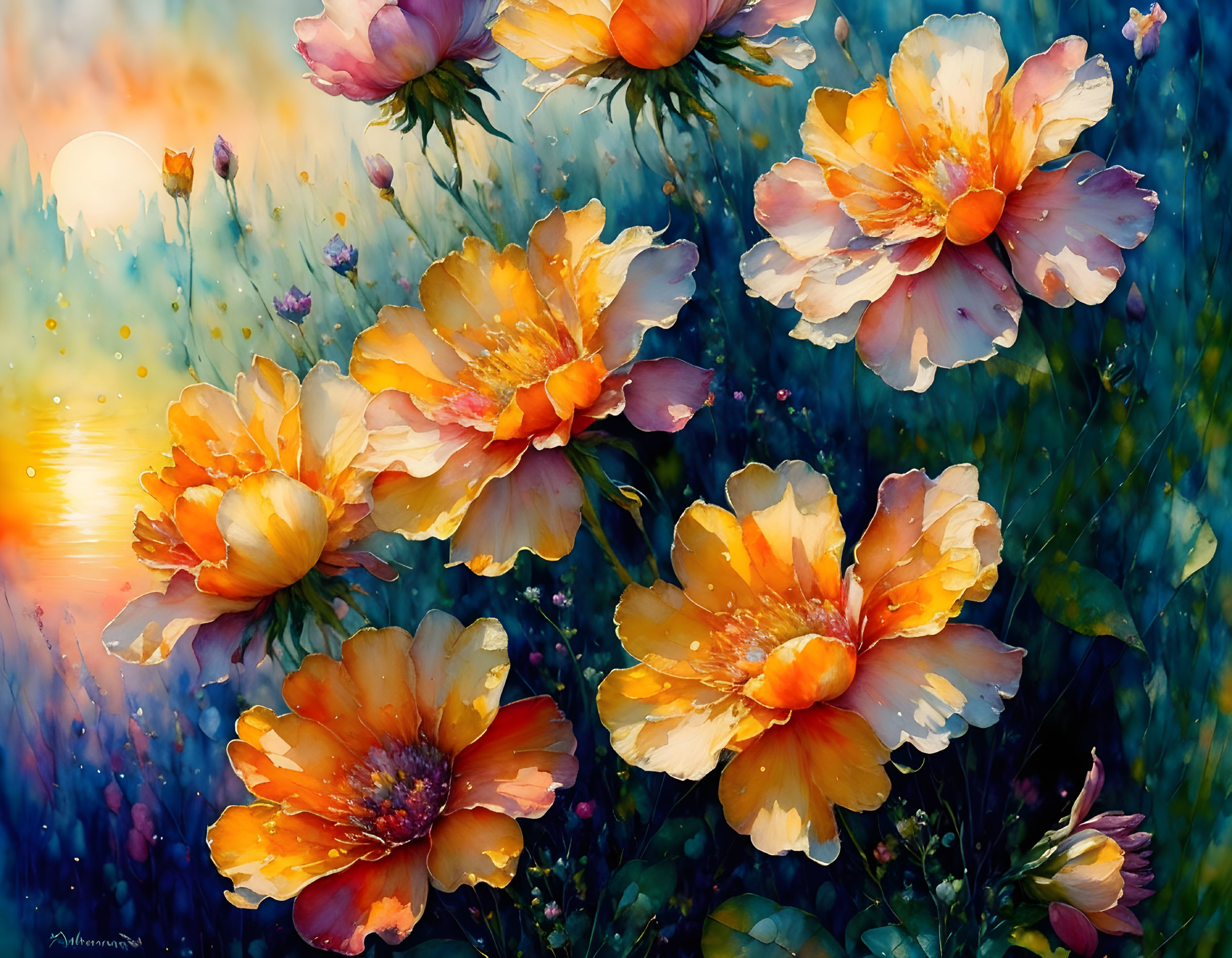 Sunlit orange-yellow flowers in watercolor painting with blue background