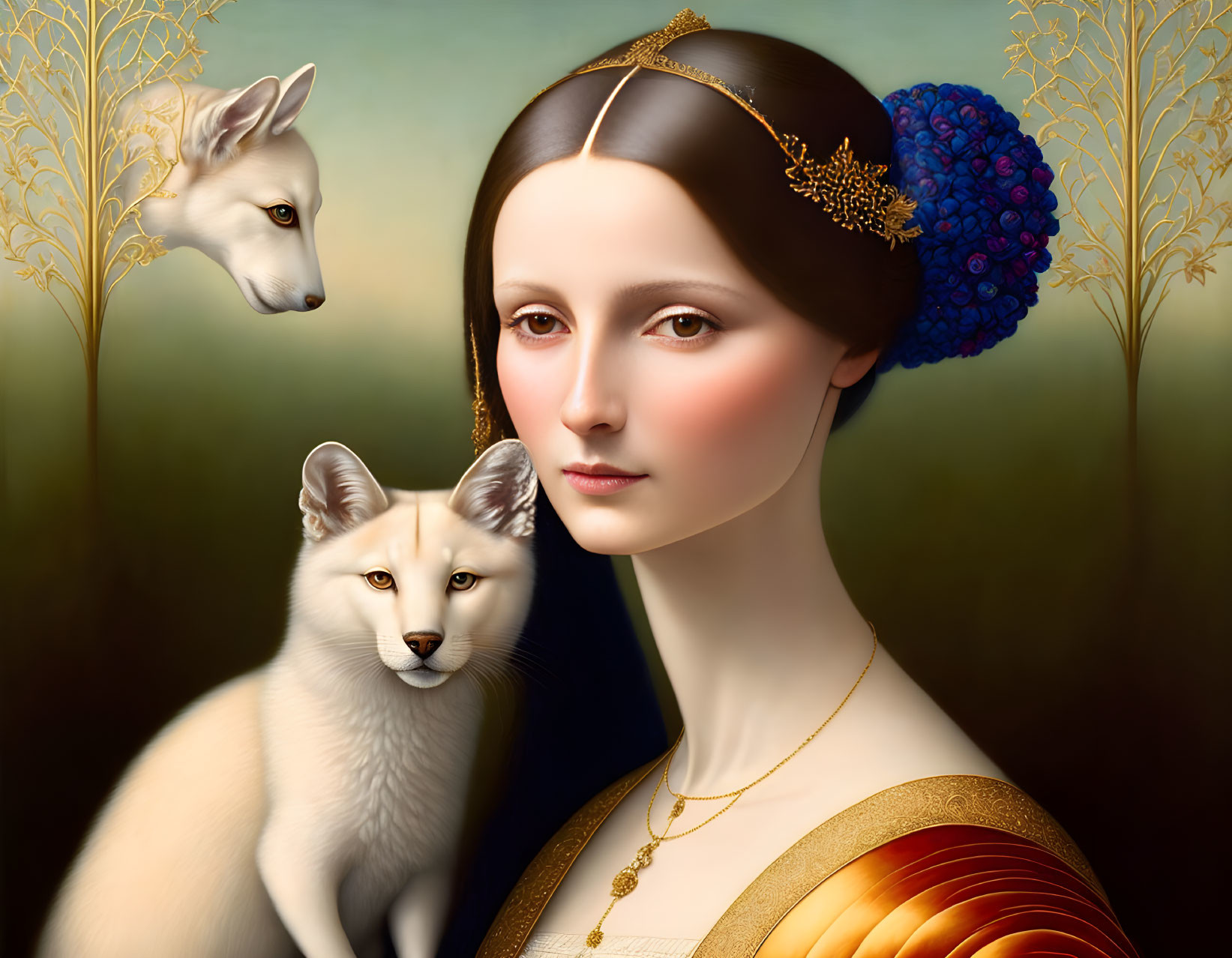 Serene woman with gold headpiece and ethereal foxes on botanical backdrop