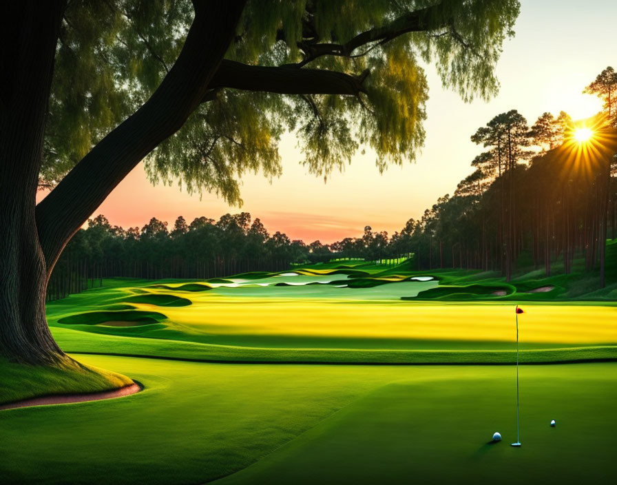 Tranquil sunset scene of a golf course with pond and red flag