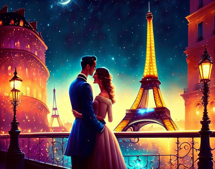 Romantic couple embraces under Eiffel Tower night sky