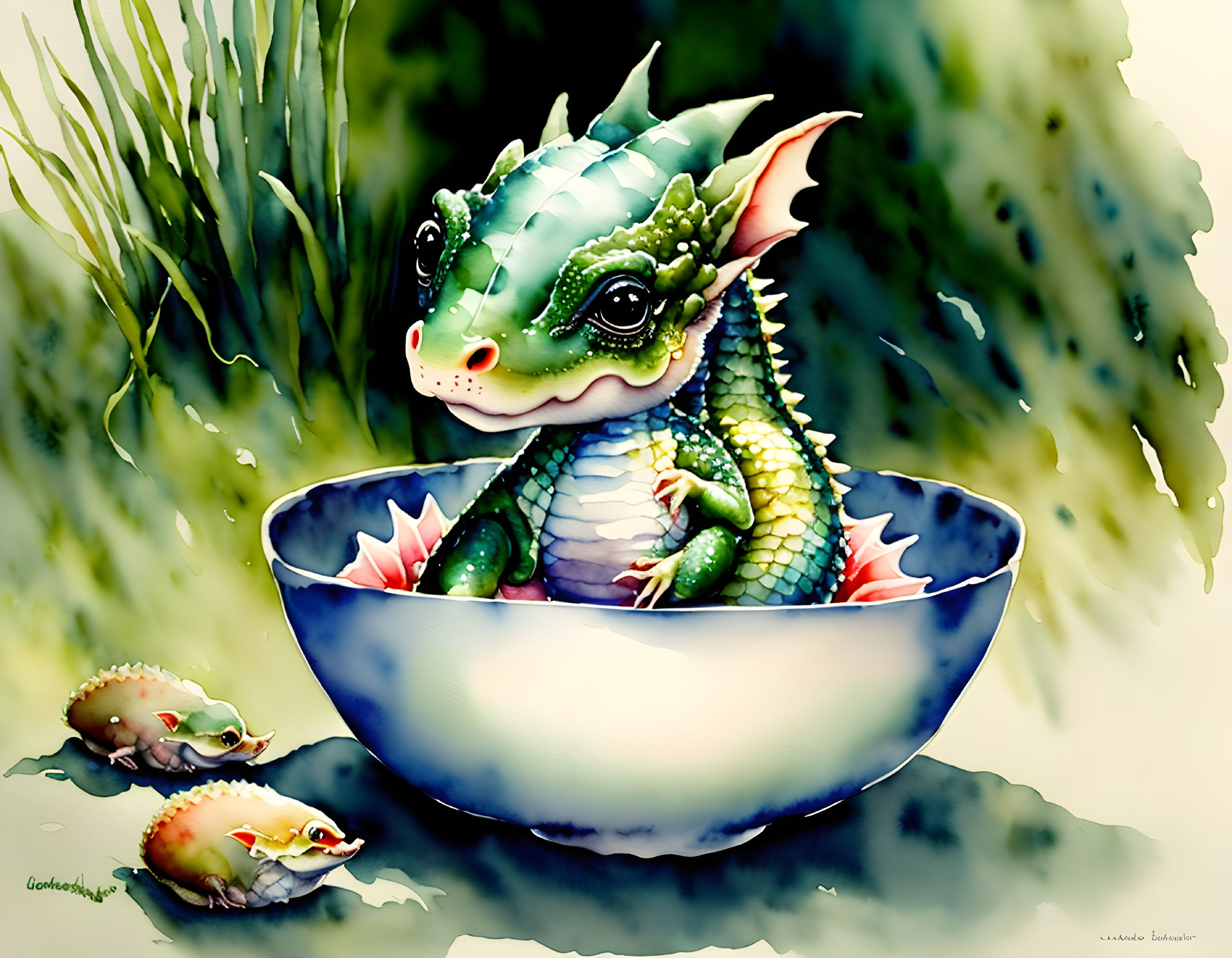 Illustration of dragon hatchling in bowl with plants and creatures