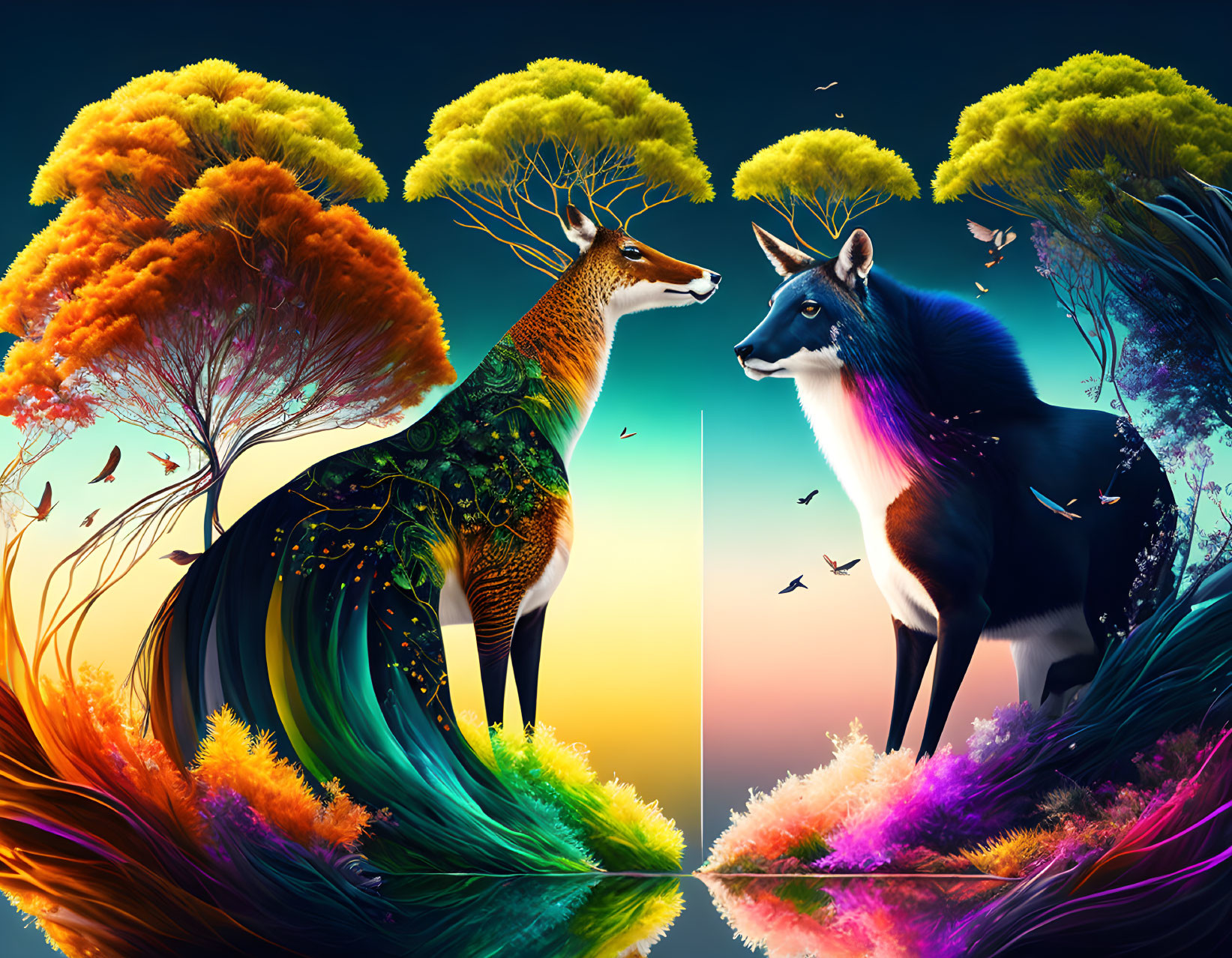 Stylized deer and horse face off amid colorful nature scene