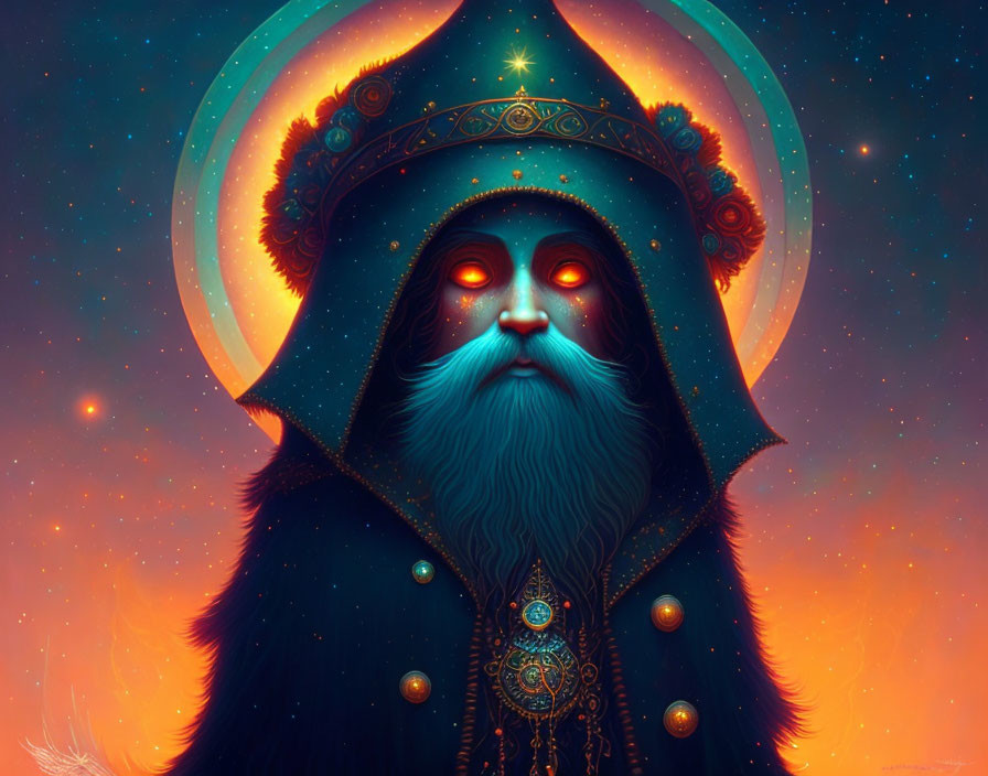 Bearded figure in cosmic robe and headdress on nebula backdrop