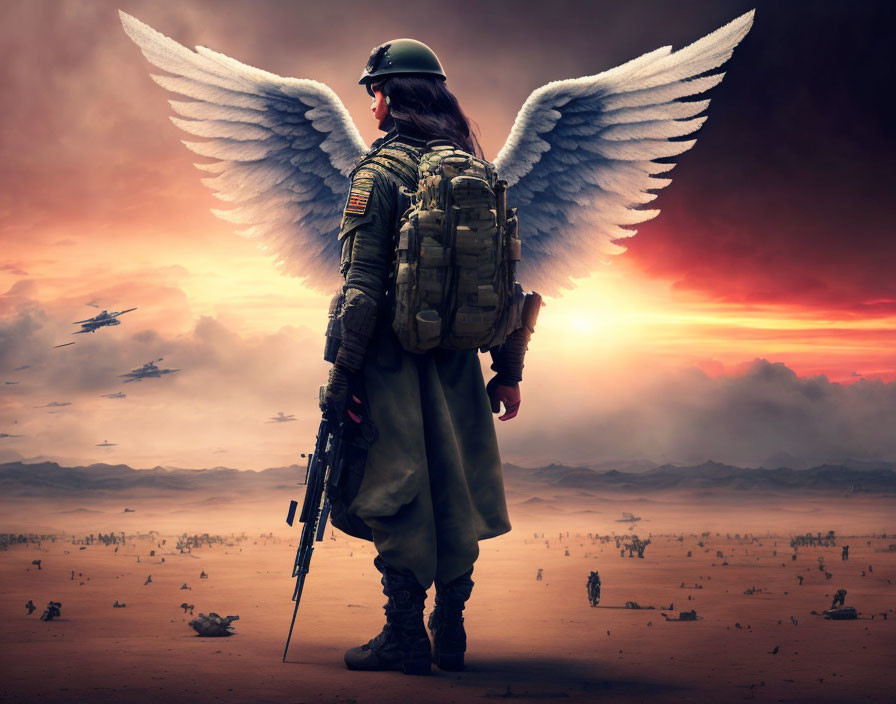 Winged soldier in military gear on desolate battlefield at sunset