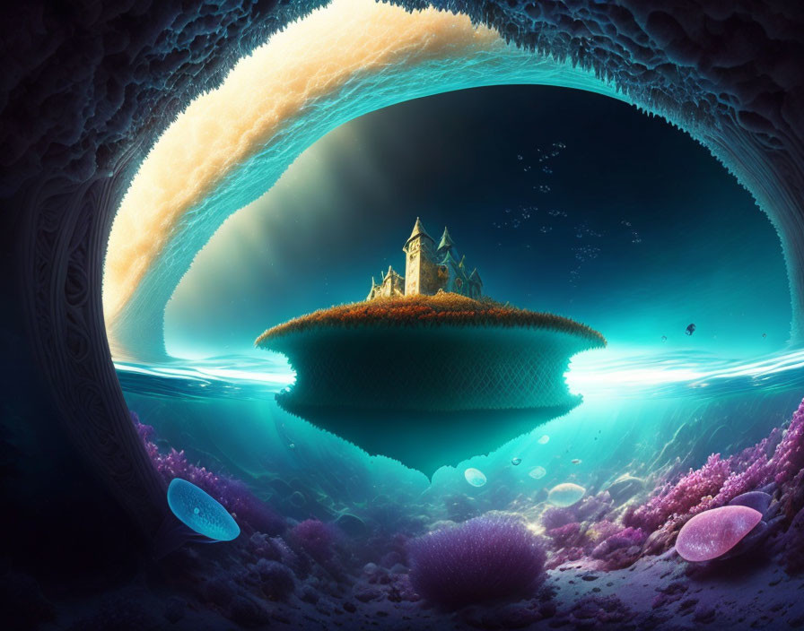 Underwater fantasy scene with floating island castle and colorful coral