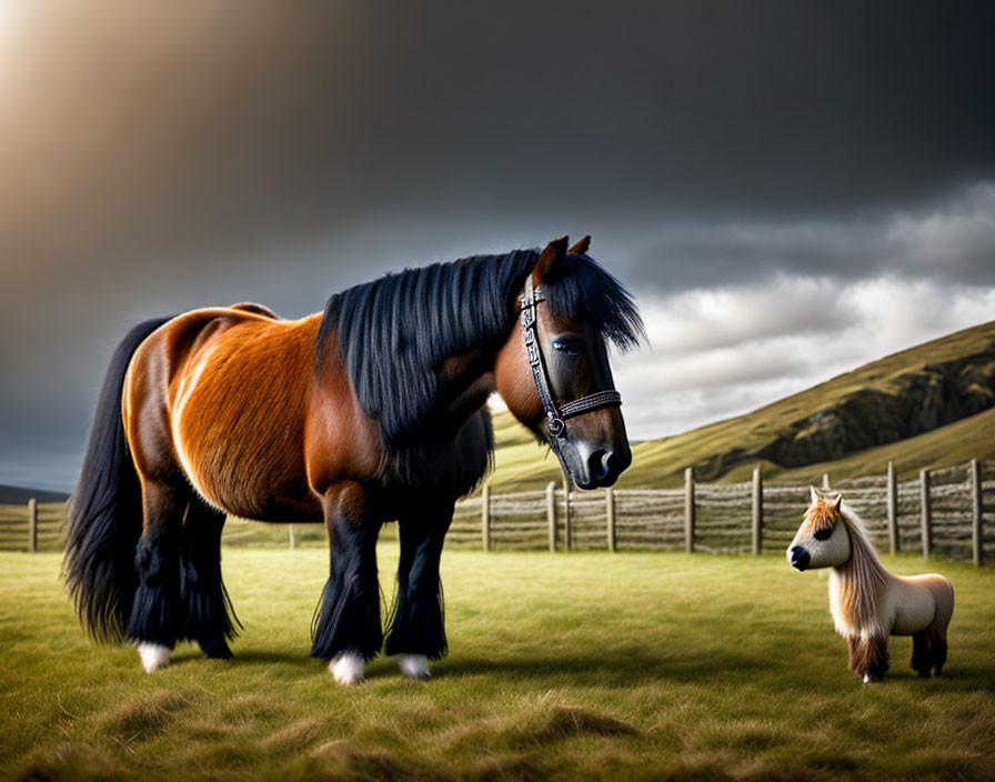 Brown horse with black mane and fluffy pony in fenced pasture under dramatic sky