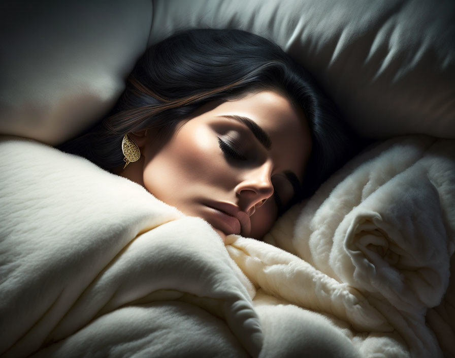 Woman peacefully sleeping in soft blankets with dark hair fanned out and earring