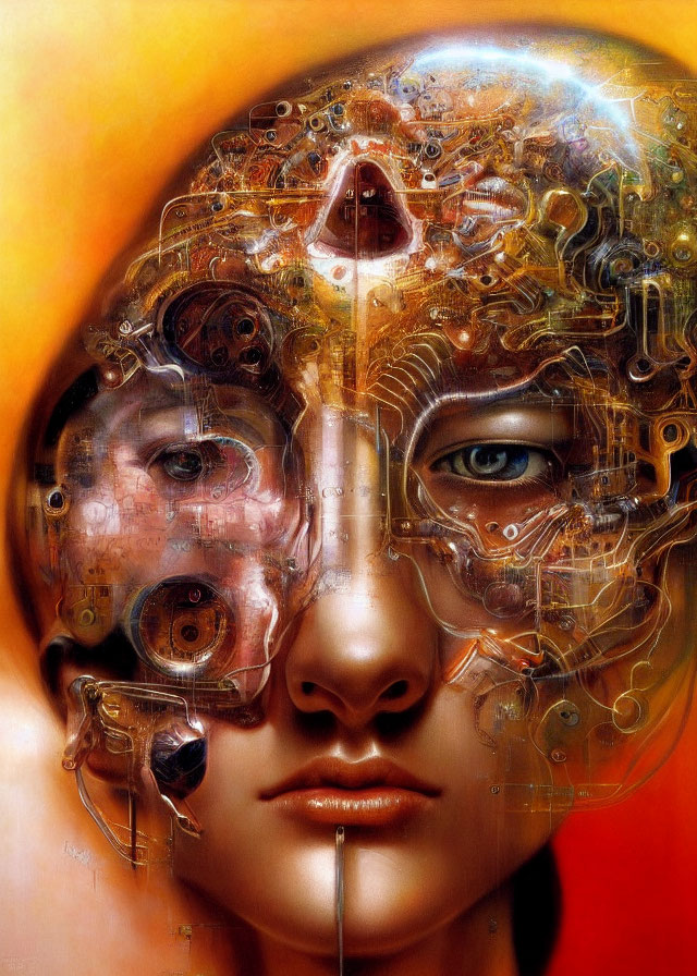 Surreal portrait with human face and cybernetic enhancements