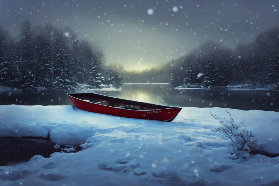 Red Canoe on Snow-Covered Ground by Tranquil Forest-Ringed Lake