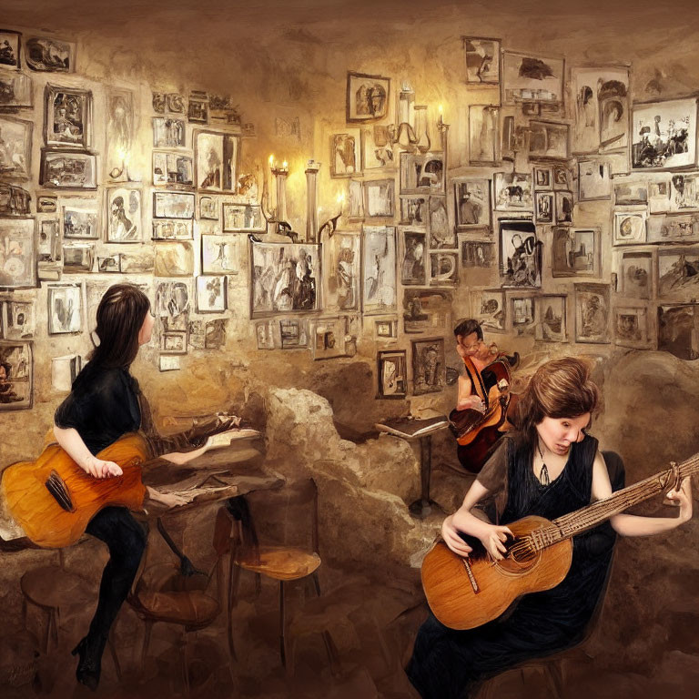 Intimate setting with three classical guitarists in cozy room