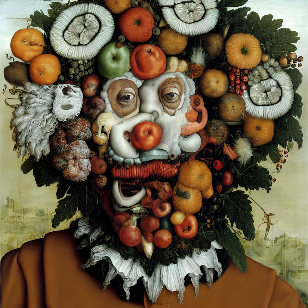 Colorful face artwork with fruits, vegetables, and flowers.